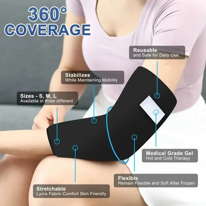 Black elbow support with features highlighted on a person wearing it, against a neutral background.