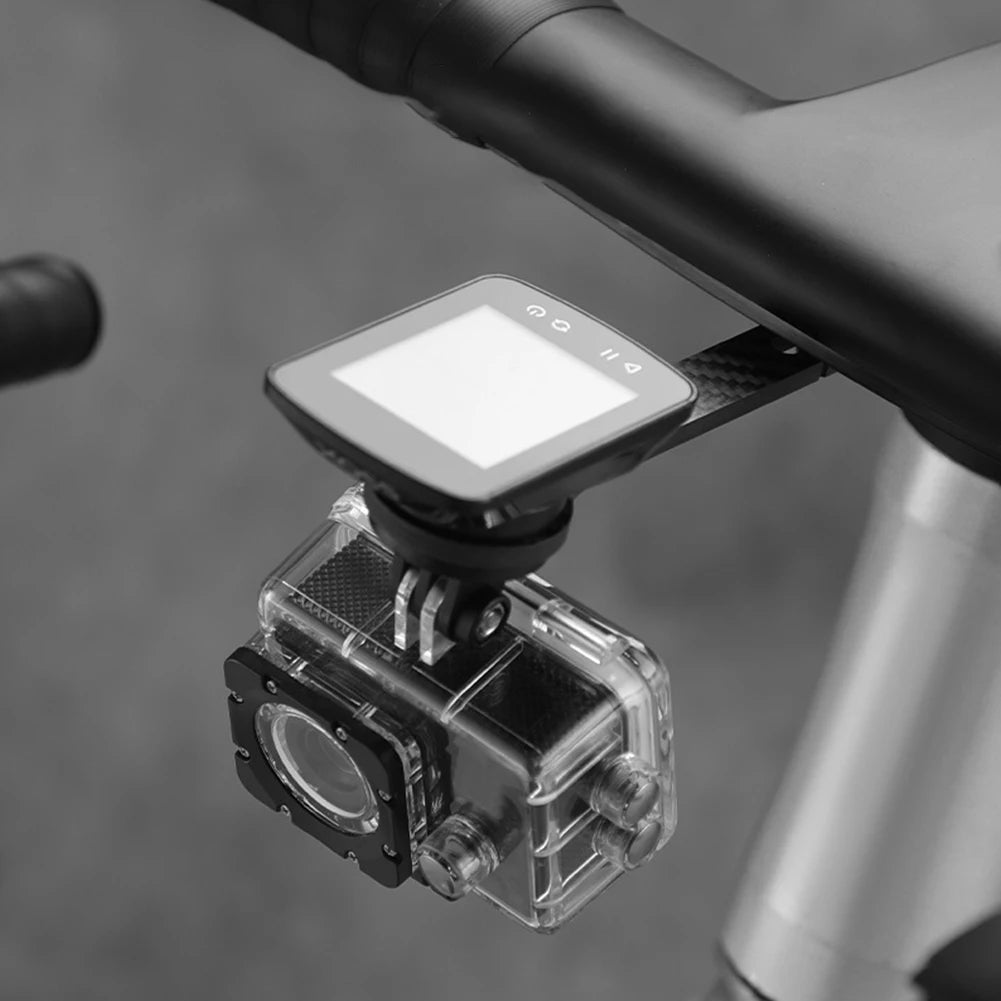 Action camera mounted on a bicycle handlebar with a screen displaying settings.