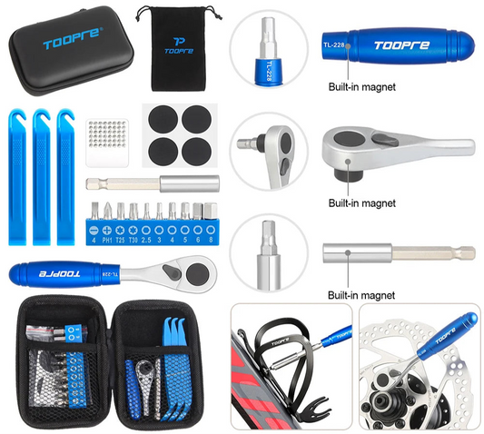 Bicycle ratchet wrench set with various tools and accessories on a white background