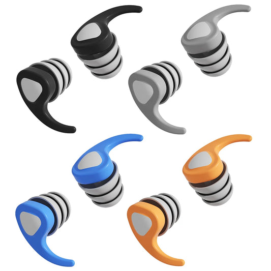 Set of triathlon ear plugs in black, gray, blue, and orange on a white background