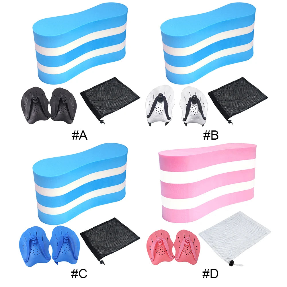 Set of swimming aids including blue and white foam blocks, black kickboards, and pink resistance bands on a white background.