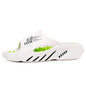 White slide sandal with green accents and branding on a white background