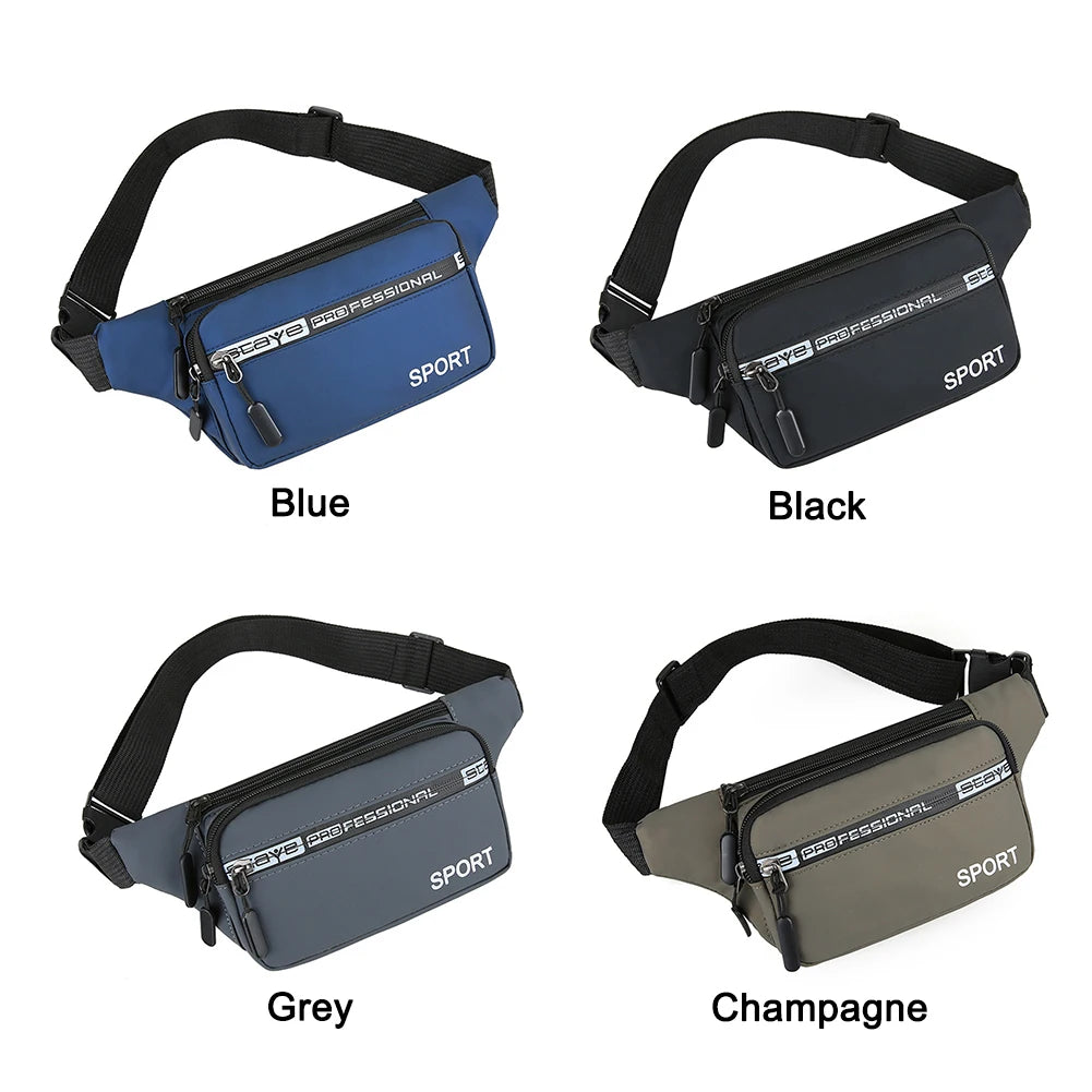 Four waist bags in blue, black, gray, and champagne colors on a white background.