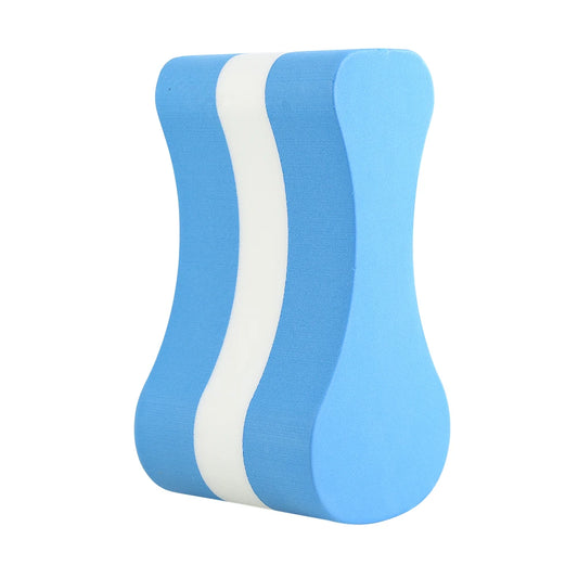 Three blue and white pull buoy on a white background