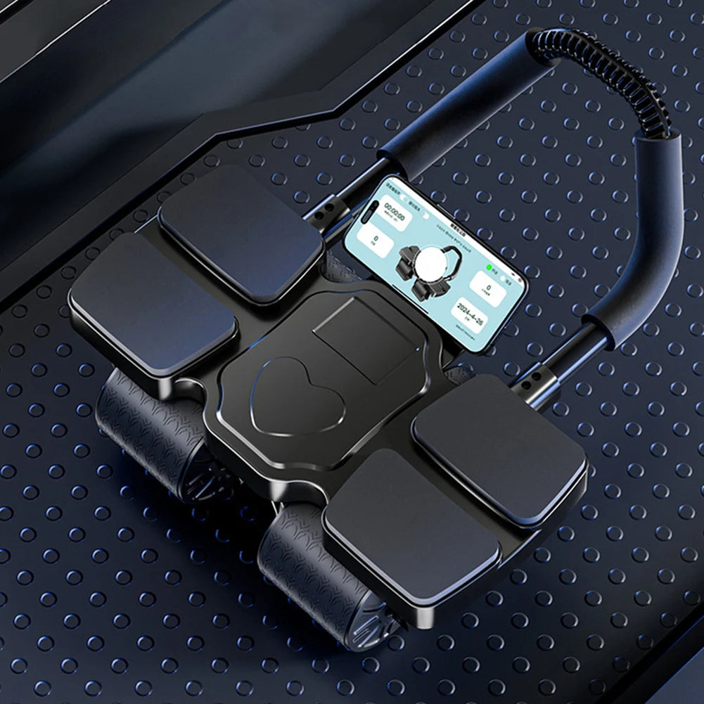 Black electronic  core exercise device with a smartphone app interface on a textured black surface