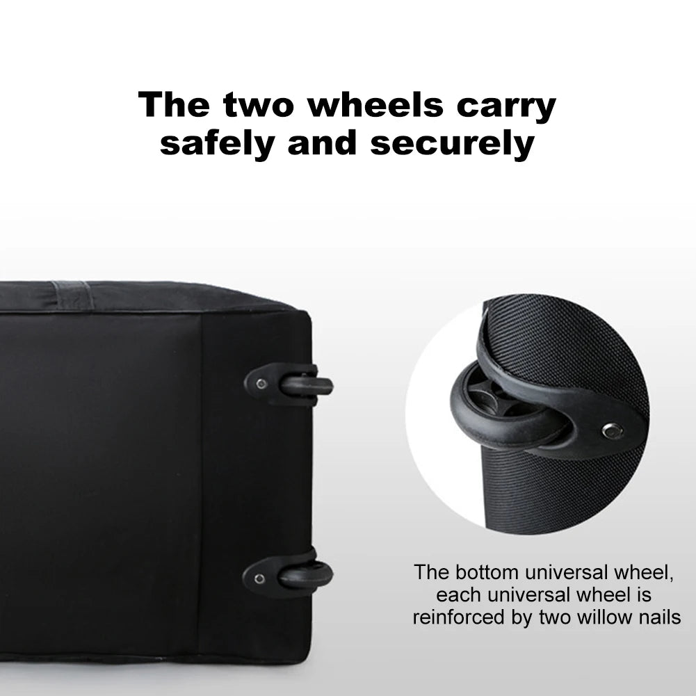 Black suitcase with a close-up of a wheel on a white background, emphasizing safety and security.