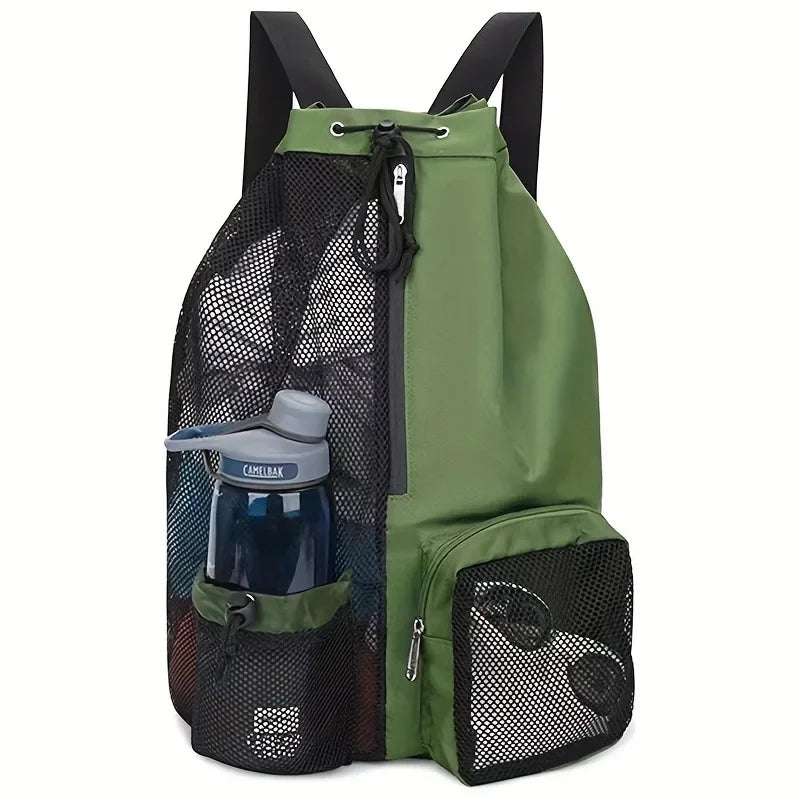 Green swimming backpack with mesh pockets on a white background