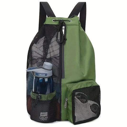 Green swimming backpack with mesh pockets on a white background