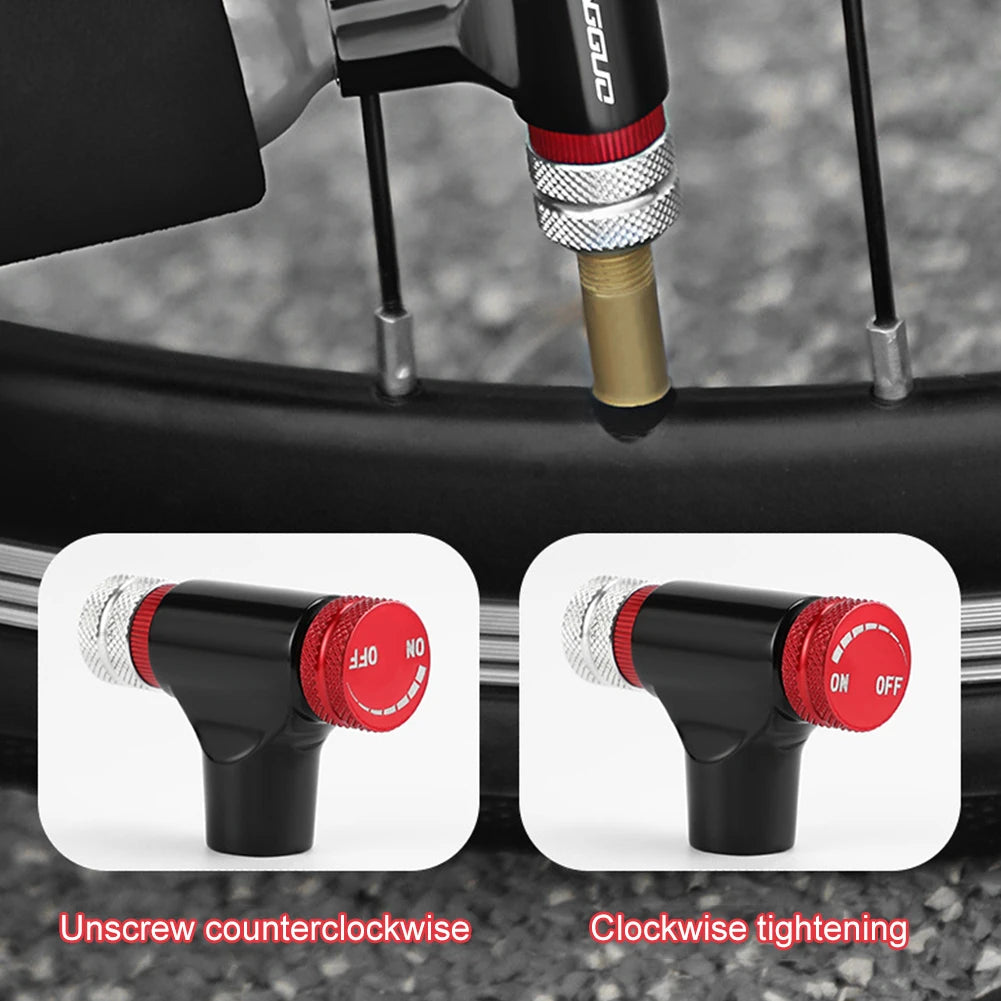 Bike tyre inflator with valve cap and instructions on how to use it.