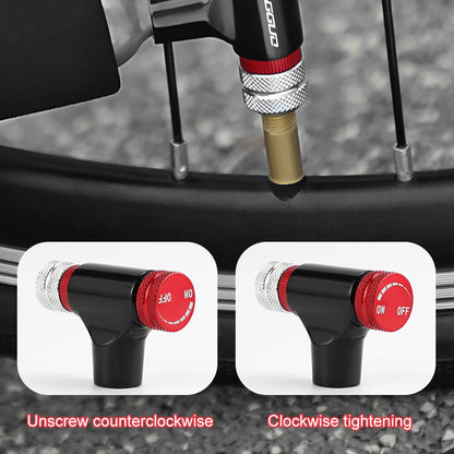 Bike tyre inflator with valve cap and instructions on how to use it.