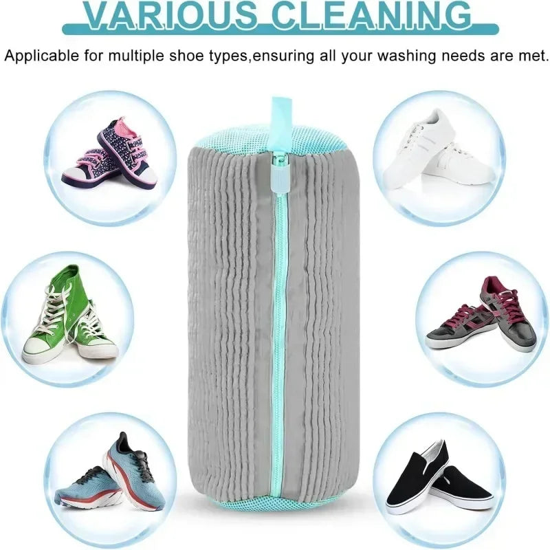 Gray cleaning bag with a blue zipper surrounded by images of various shoes.