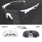 Sunglasses with photochromic lens transformation on a black background