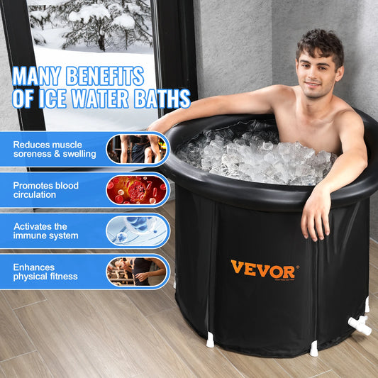 Person in an ice bath with VEVOR branding, benefits listed, and snowy outdoor scene.