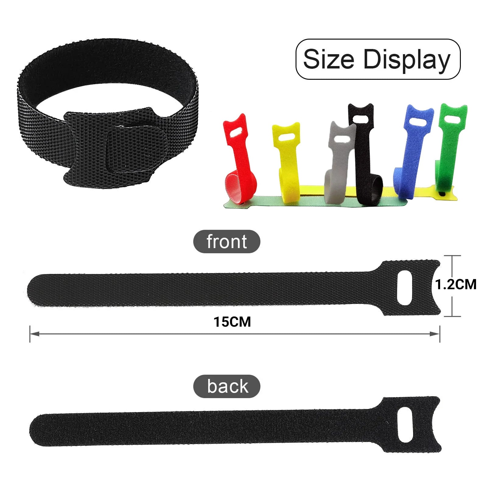 Black cable tie with size display and color-coded examples on a white background