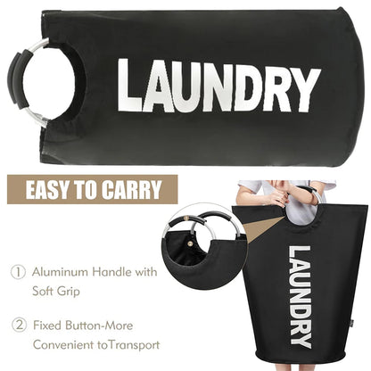 Black laundry bag with 'LAUNDRY' text and carrying handles, featuring text on ease of carrying.