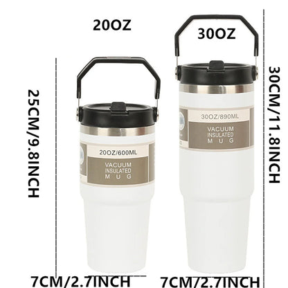 Two white vacuum insulated mugs with measurements indicated on a white background