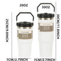 Two white vacuum insulated mugs with measurements indicated on a white background