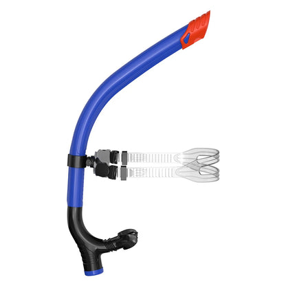 Snorkel with blue tube, black mouthpiece, and red tip on a white background