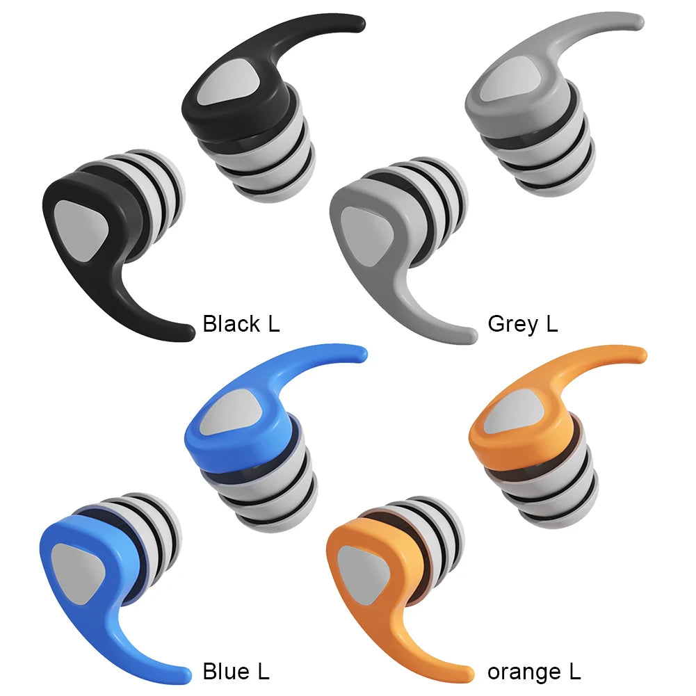 Set of triathlon ear plugs in black, grey, blue, and orange on a white background