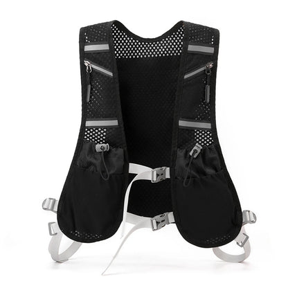 Black running vest with multiple pockets and zippers on a white background
