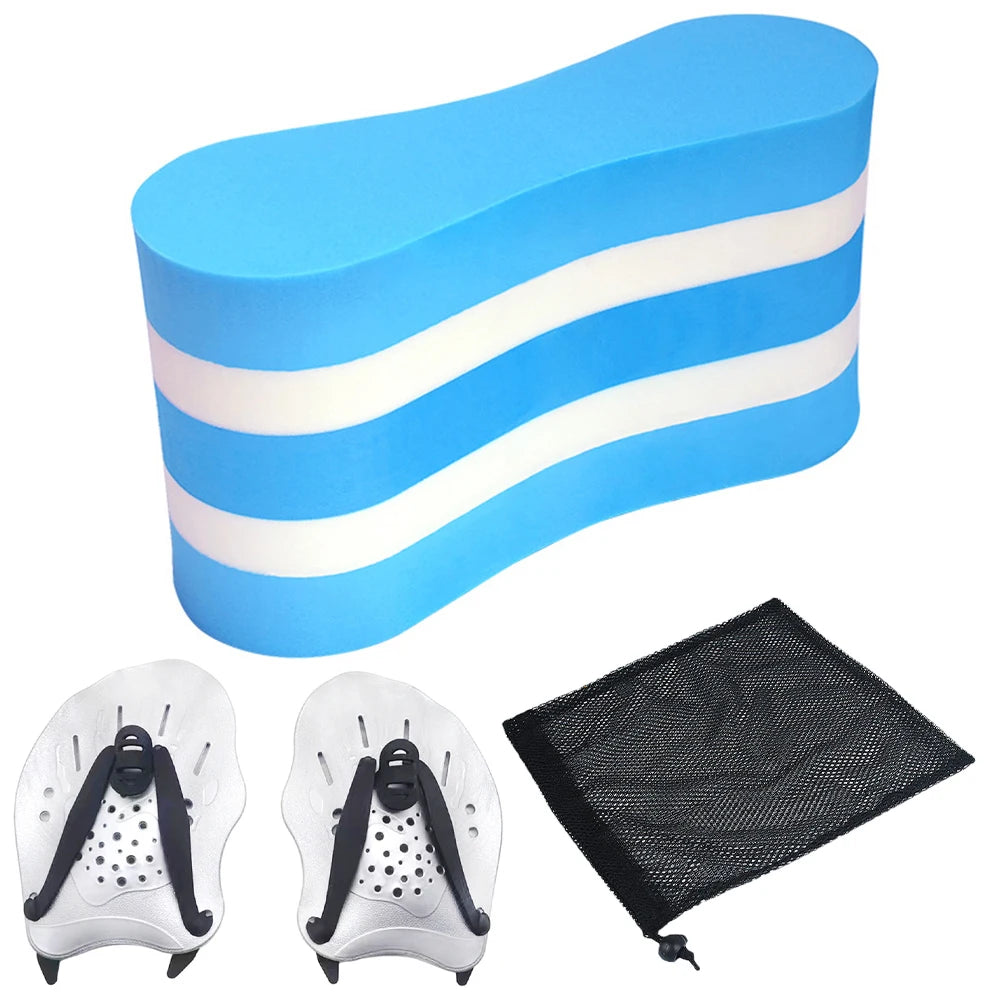 Blue pull buoy, white swim paddles, and black mesh bag on a white background