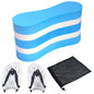 Blue pull buoy, white swim paddles, and black mesh bag on a white background
