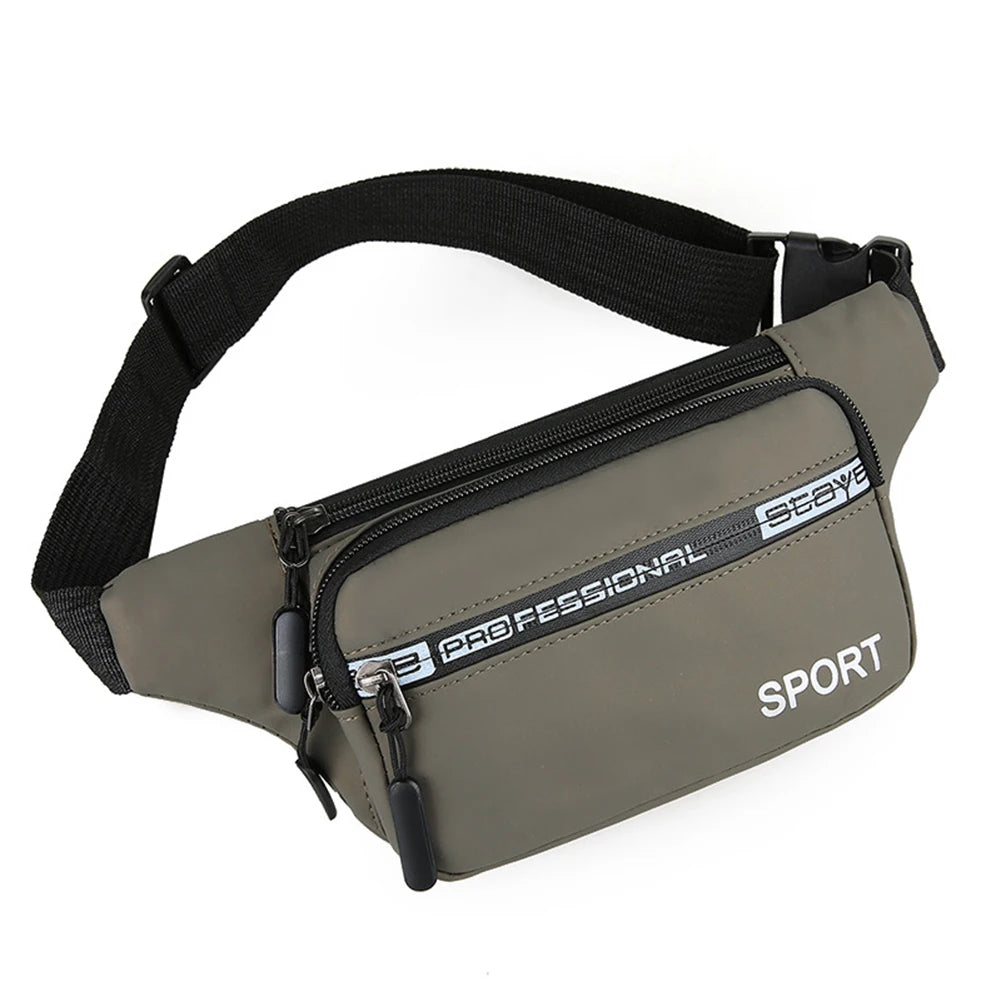 Gray waist bag with black strap on a white background