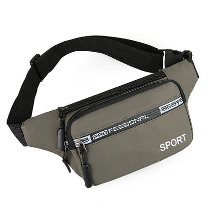 Gray waist bag with black strap on a white background