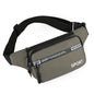 Gray waist bag with black strap on a white background