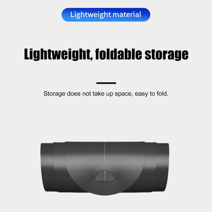 Black foldable storage device with text about lightweight material and ease of folding on a white background.