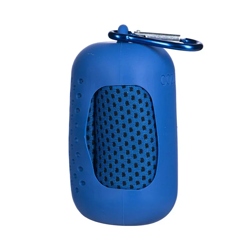 Blue portable towel with a carabiner on a white background