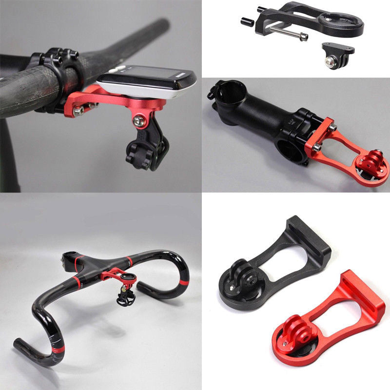 Bicycle handlebar Garmin mount with red and black design on a gray background