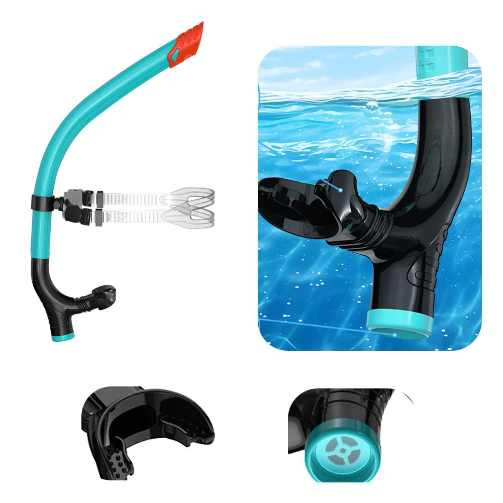 Snorkeling set with black and blue snorkel and fins on a white background