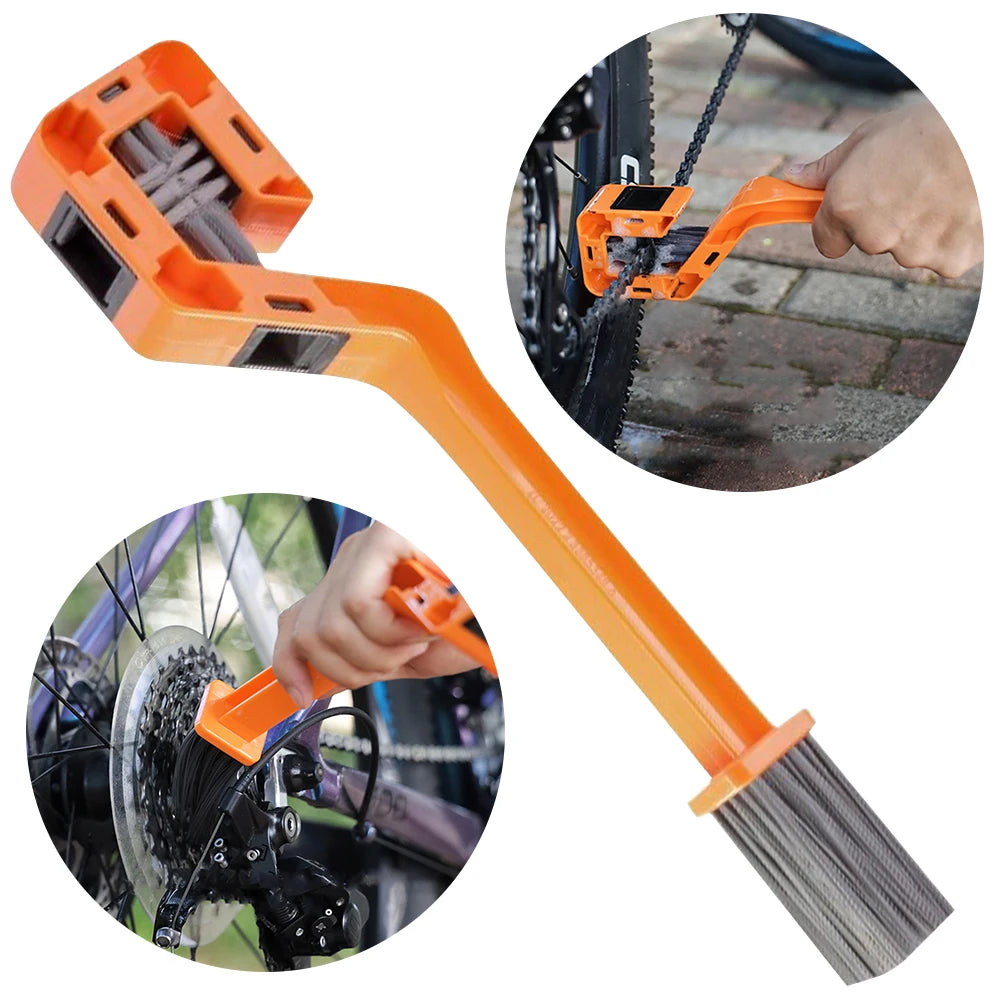 Orange bicycle chain cleaning brush with close-up insets showing use on a bike chain.