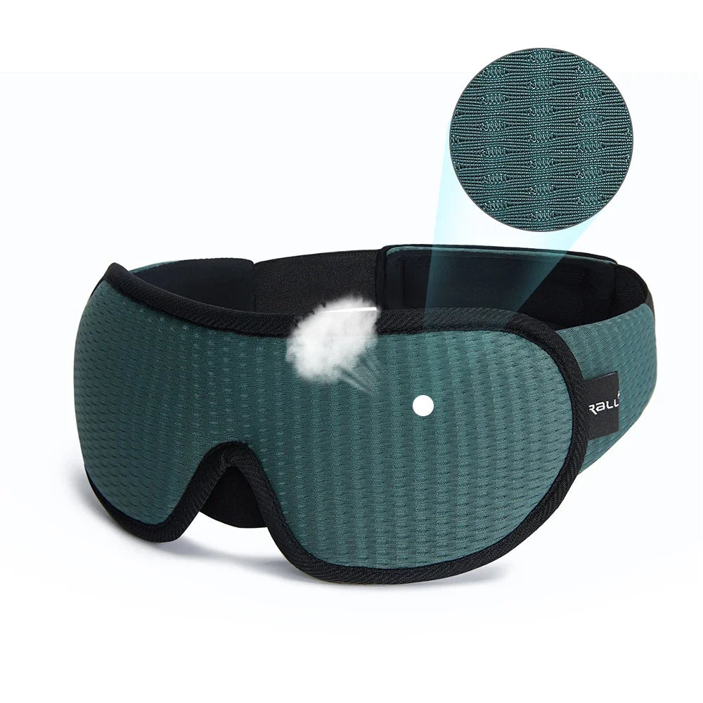 Teal sleep mask with black trim on a white background