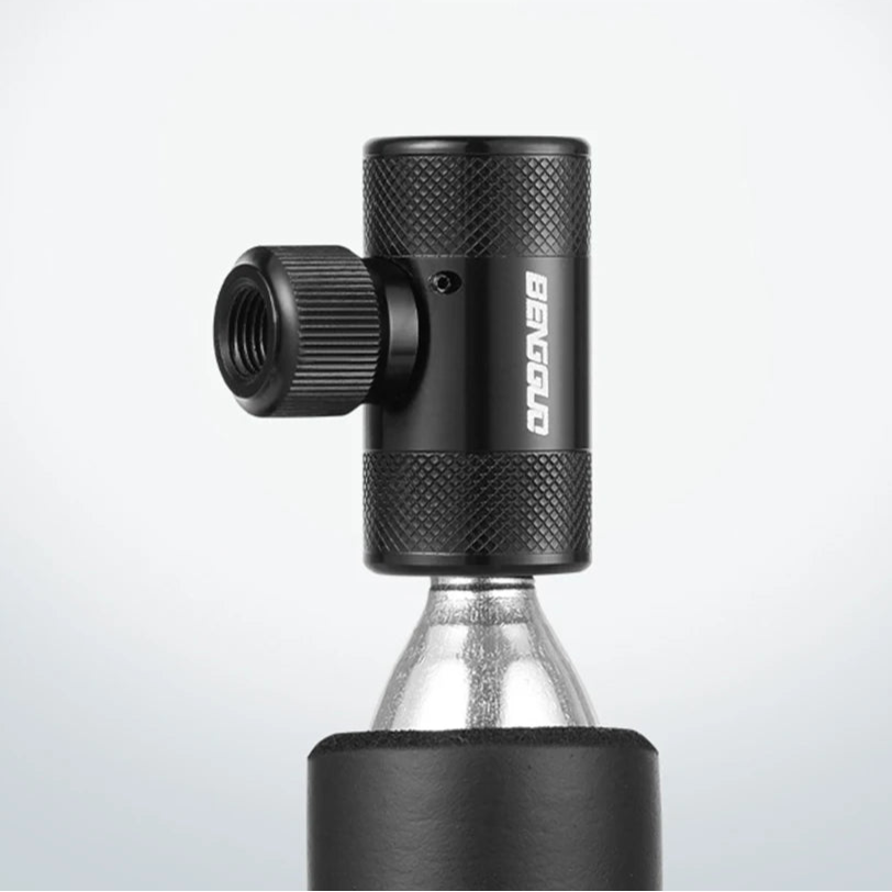 Black aluminum alloy CO2 trigger with text on a white background