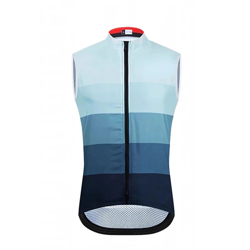 Light blue and navy cycling vest with a red and black collar on a white background