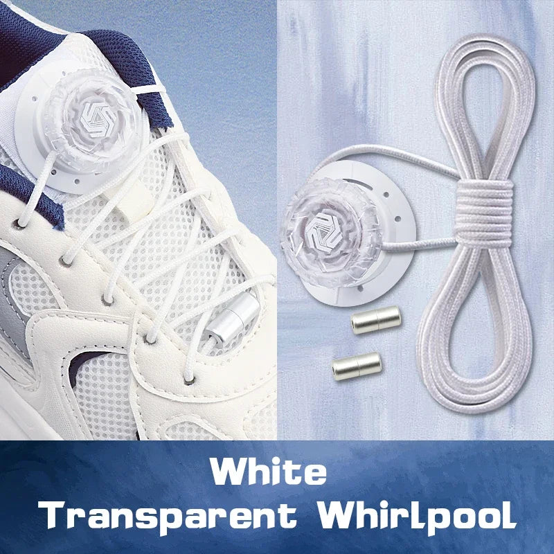 White transparent triathlon laces with a white sneaker on a light blue background.