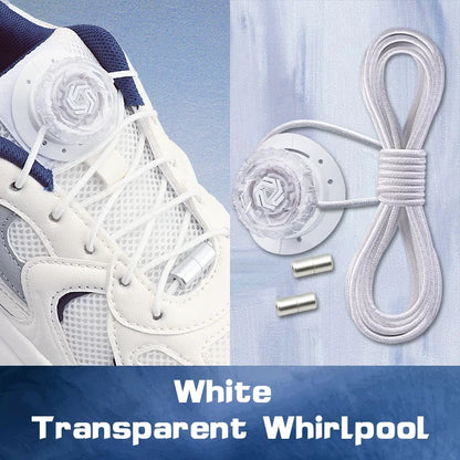 White transparent triathlon laces with a white sneaker on a light blue background.