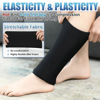 Black compression sleeve on a foot with text about elasticity, plasticity, and hot and cold therapy.
