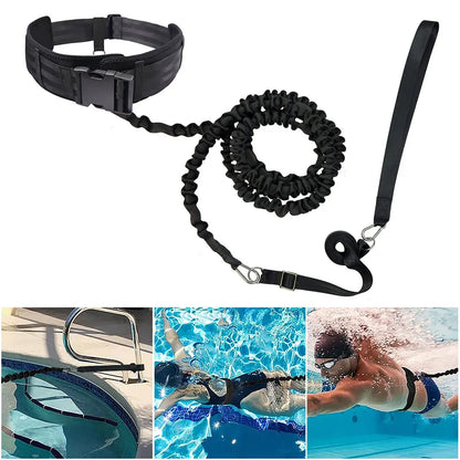 Black swim training leash with a clip, shown on a white background with pool images below.