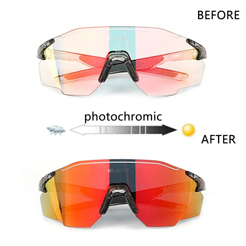 Before and after comparison of photochromic sunglasses on a white background