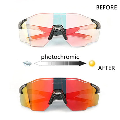 Before and after comparison of photochromic sunglasses on a white background