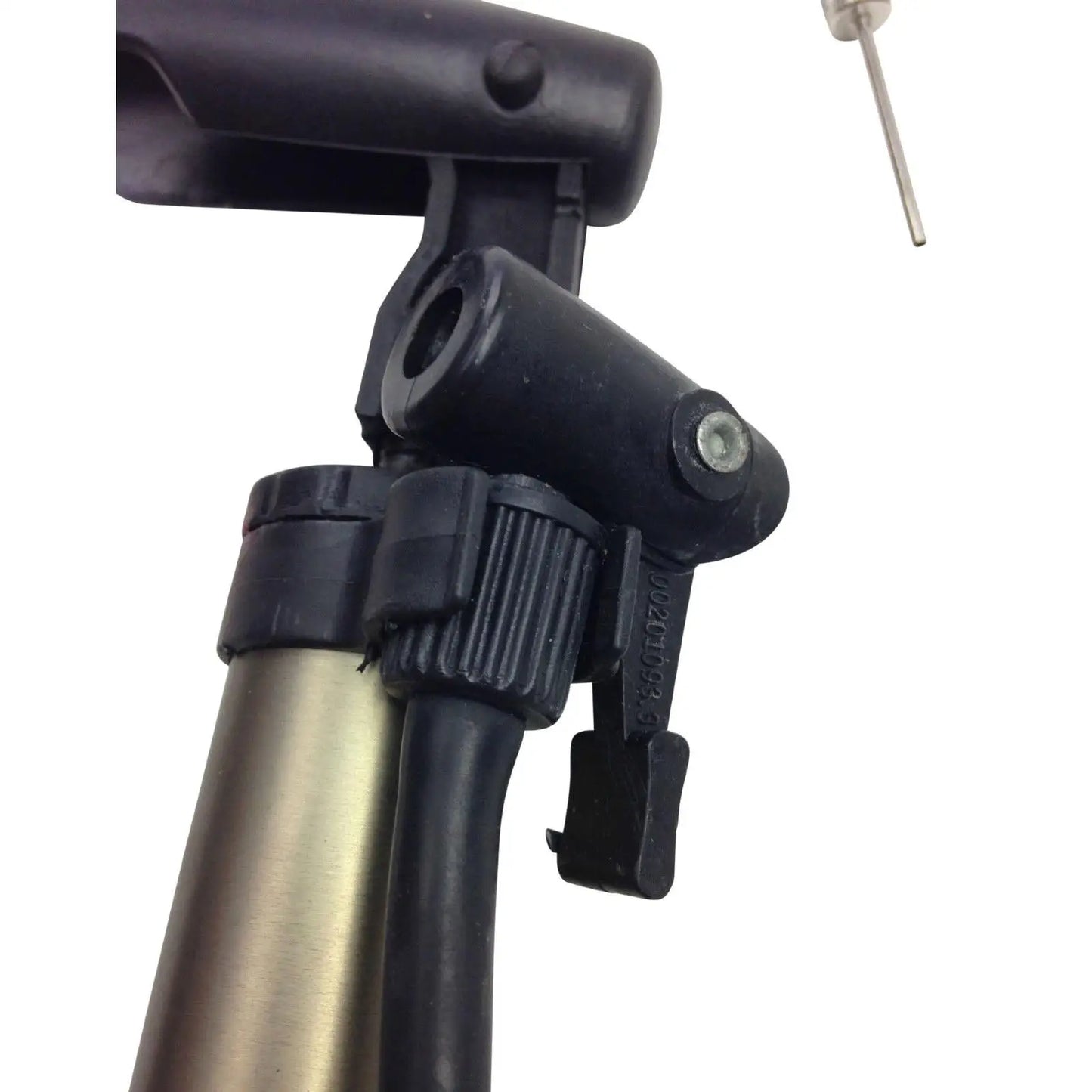 Close-up of a black bicycle handlebar with a silver exhaust tip on a white background