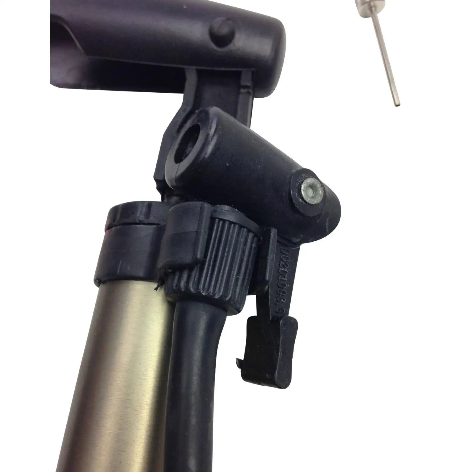 Close-up of a black bicycle handlebar with a silver exhaust tip on a white background