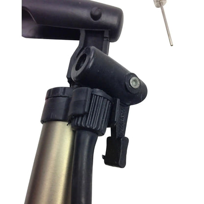 Close-up of a black bicycle handlebar with a silver exhaust tip on a white background