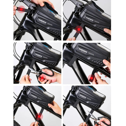 Step-by-step guide on how to install a bicycle frame bag using a collage of six images.