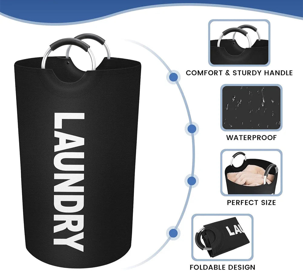 Black laundry bag with features highlighted on a white background