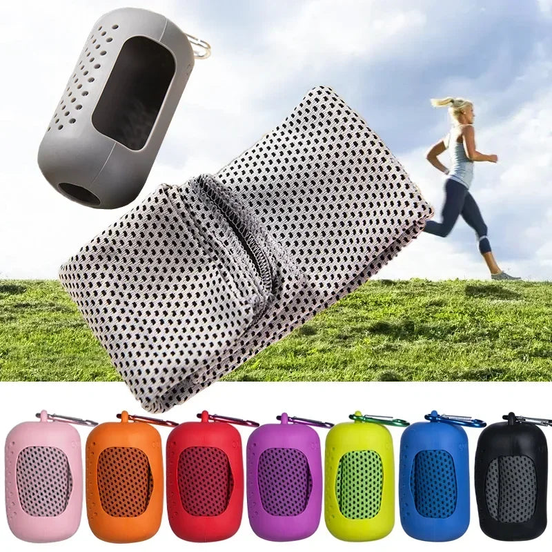 Easy pack transition towel with various colored options on a grassy field background.