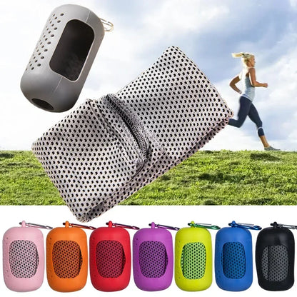 Easy pack transition towel with various colored options on a grassy field background.